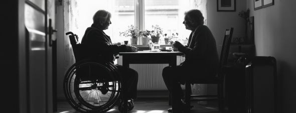elderly couple eating at table